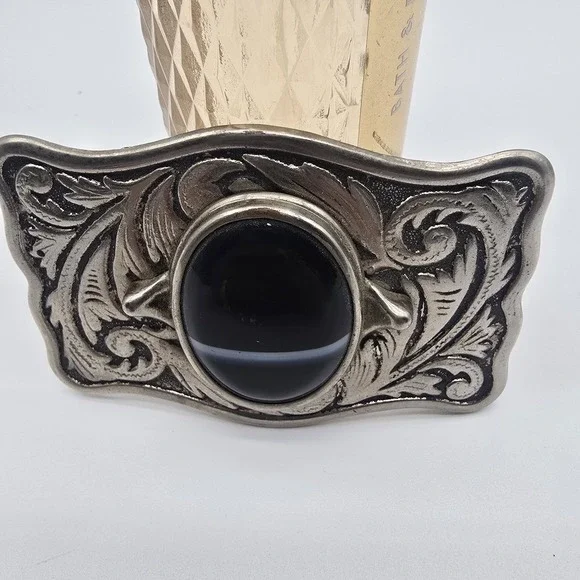 Centerpiece Black Banded  Cabochon Silver Tone Western Framed Belt Buckle - Picture 2 of 6